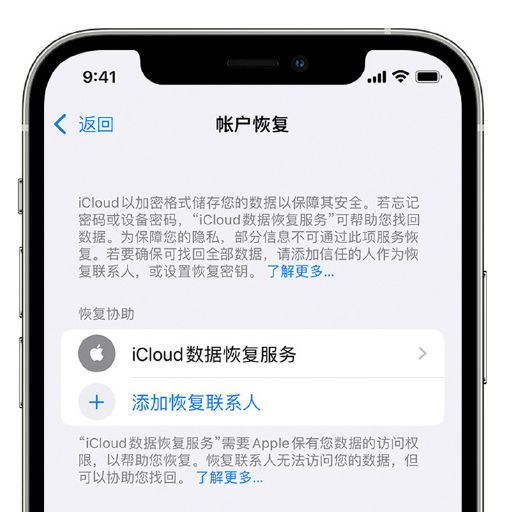 蒲城苹果手机维修分享在 iPhone 上设置帐户恢复联系人的方法 
