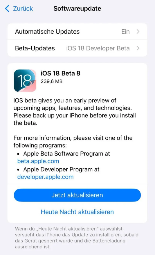 蒲城苹果手机维修分享苹果 iOS / iPadOS 18 开发者预览版 Beta 8 发布 